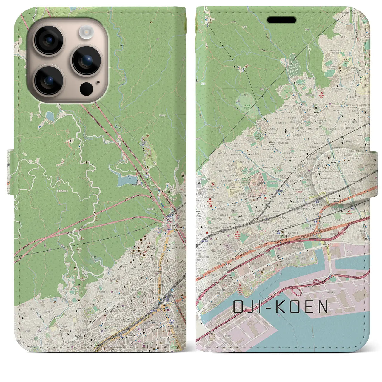 【王子公園(兵庫県)】地図柄iPhoneケース(手帳タイプ)ナチュラル・iPhone 16 Plus 用