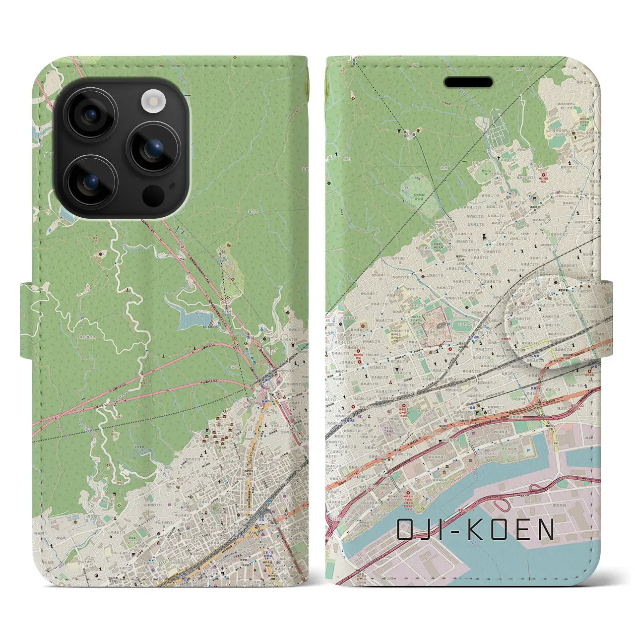 【王子公園(兵庫県)】地図柄iPhoneケース(手帳タイプ)ナチュラル・iPhone 16 用