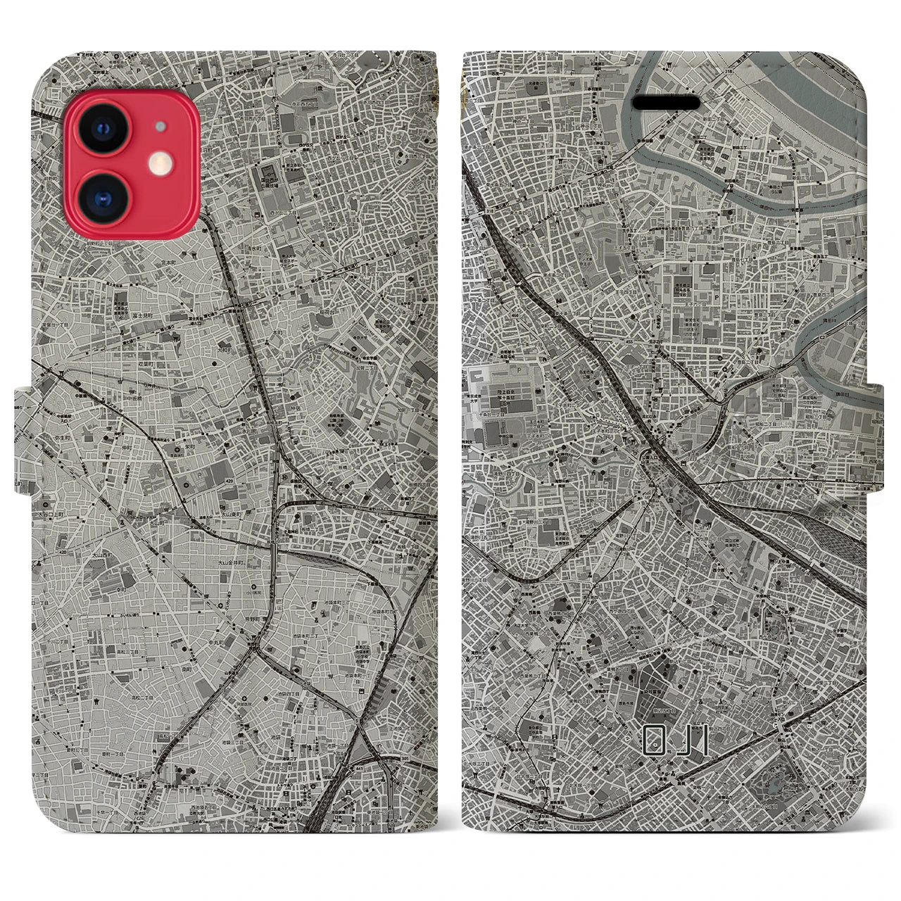 【王子(東京都)】地図柄iPhoneケース(手帳タイプ)モノトーン・iPhone 11 用