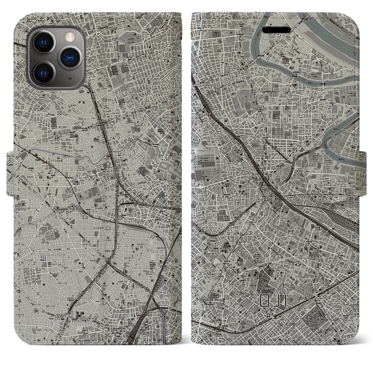 【王子(東京都)】地図柄iPhoneケース(手帳タイプ)モノトーン・iPhone 11 Pro Max 用