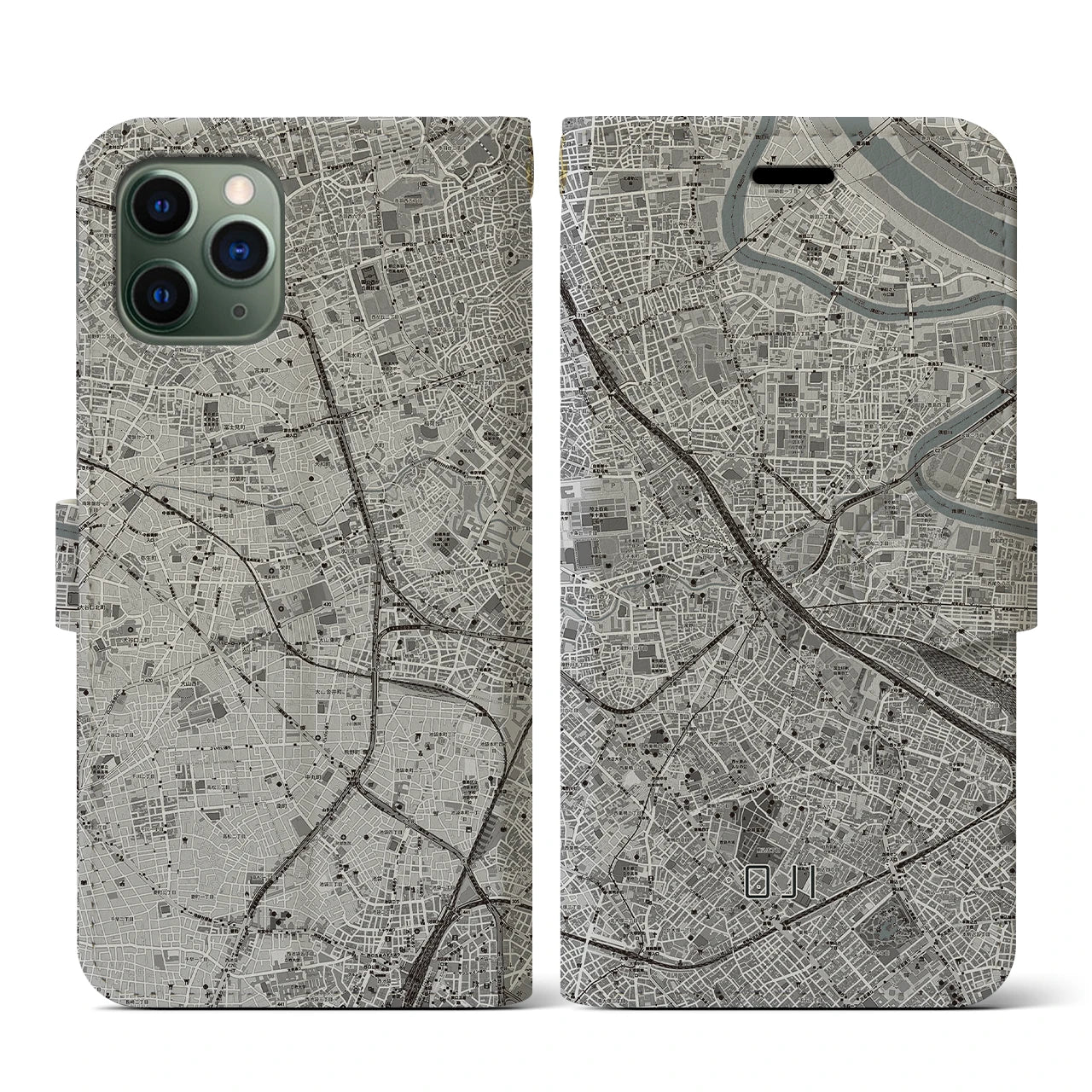 【王子(東京都)】地図柄iPhoneケース(手帳タイプ)モノトーン・iPhone 11 Pro 用
