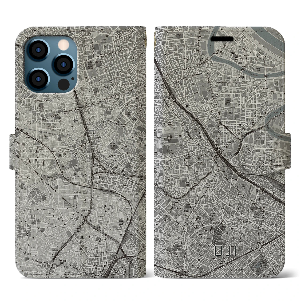 【王子(東京都)】地図柄iPhoneケース(手帳タイプ)モノトーン・iPhone 12 / 12 Pro 用