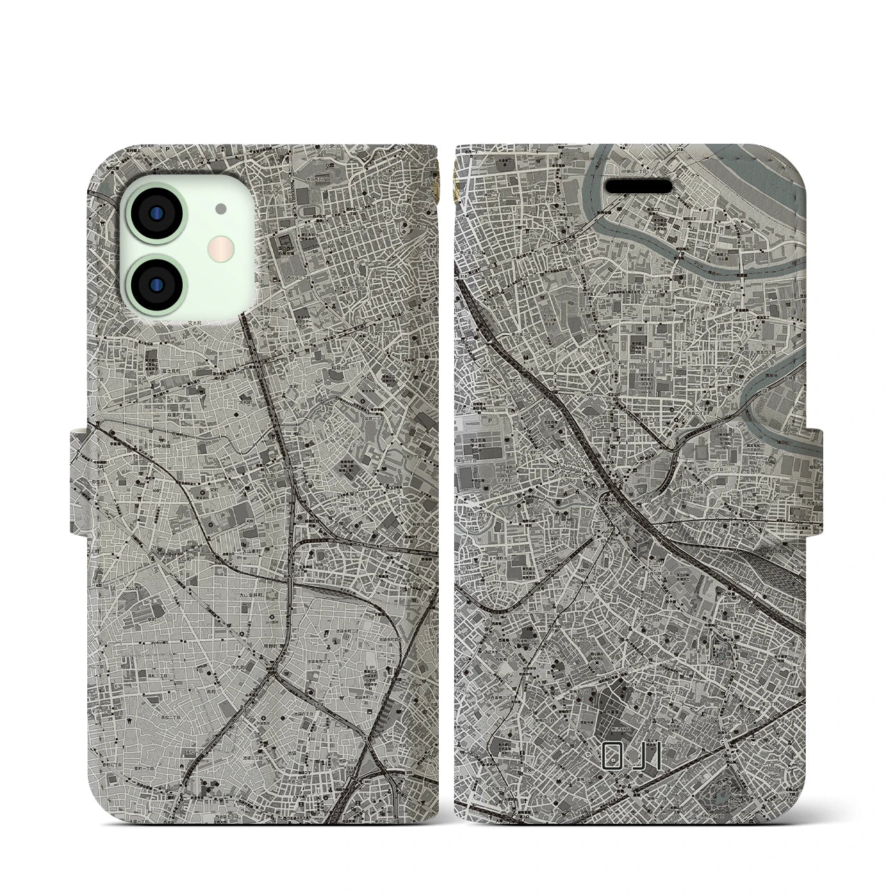 【王子(東京都)】地図柄iPhoneケース(手帳タイプ)モノトーン・iPhone 12 mini 用