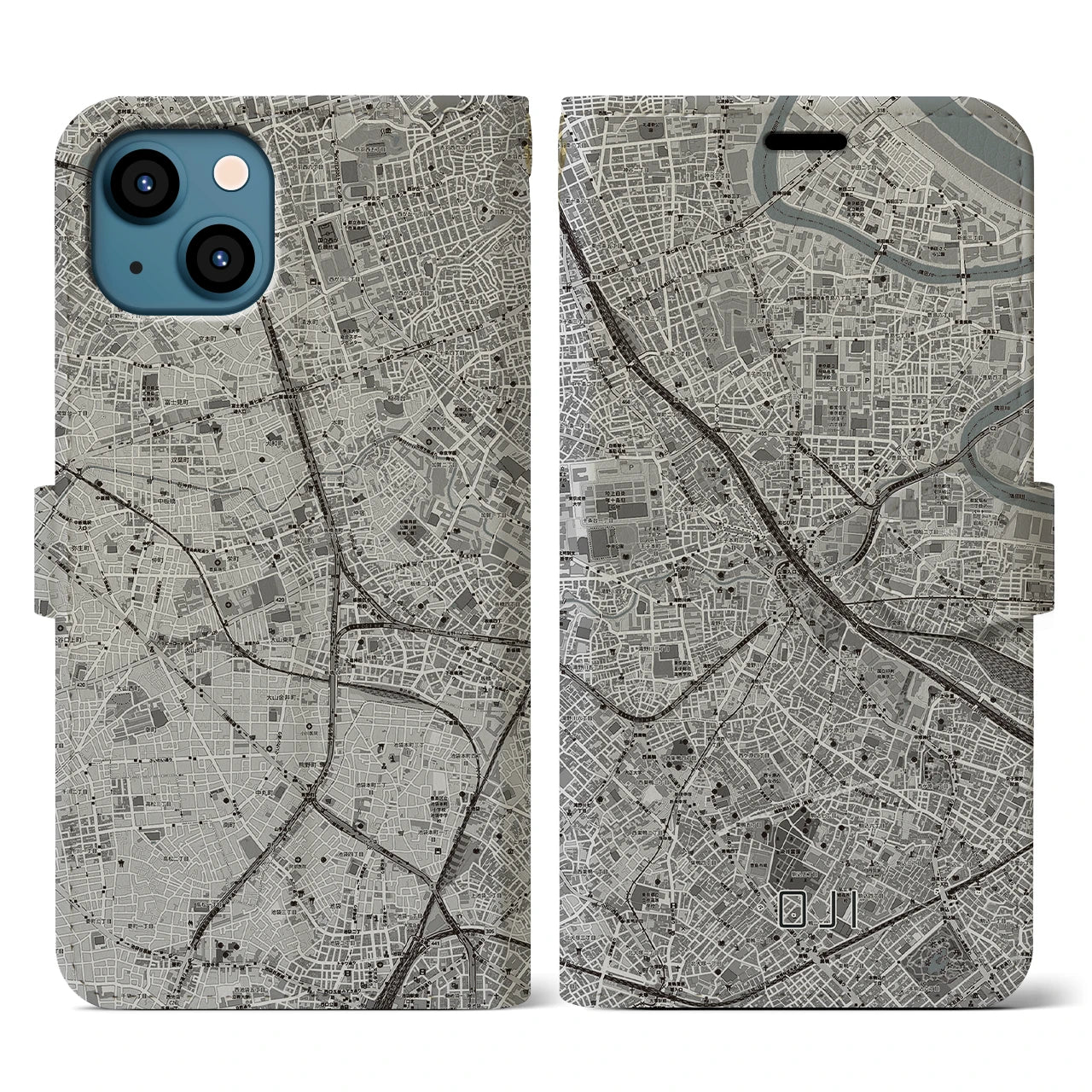 【王子(東京都)】地図柄iPhoneケース(手帳タイプ)モノトーン・iPhone 13 用