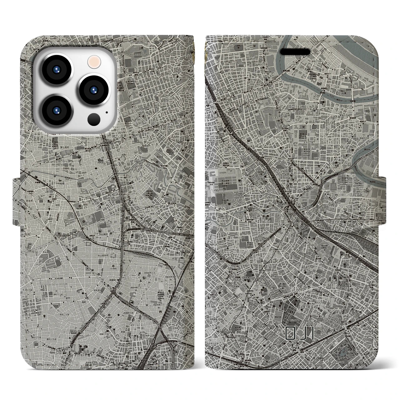 【王子(東京都)】地図柄iPhoneケース(手帳タイプ)モノトーン・iPhone 13 Pro 用