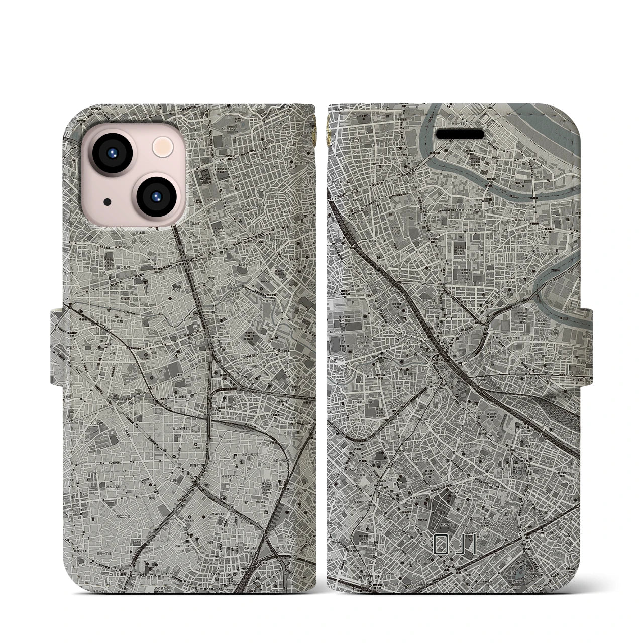 【王子(東京都)】地図柄iPhoneケース(手帳タイプ)モノトーン・iPhone 13 mini 用