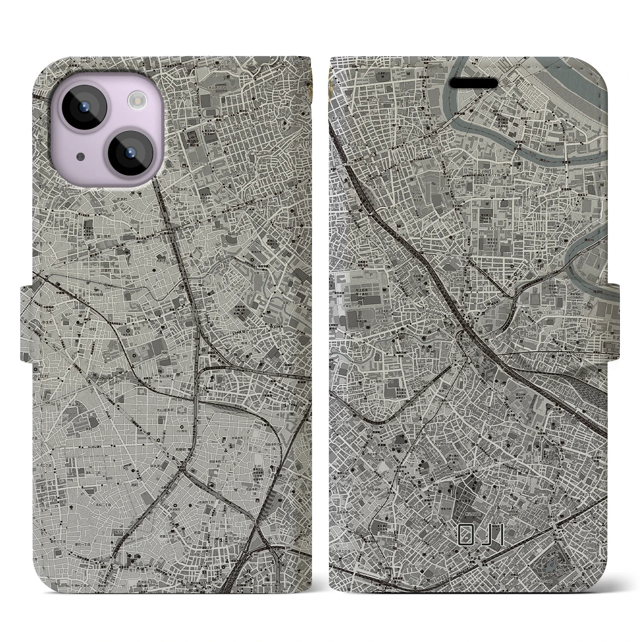 【王子(東京都)】地図柄iPhoneケース(手帳タイプ)モノトーン・iPhone 14 用