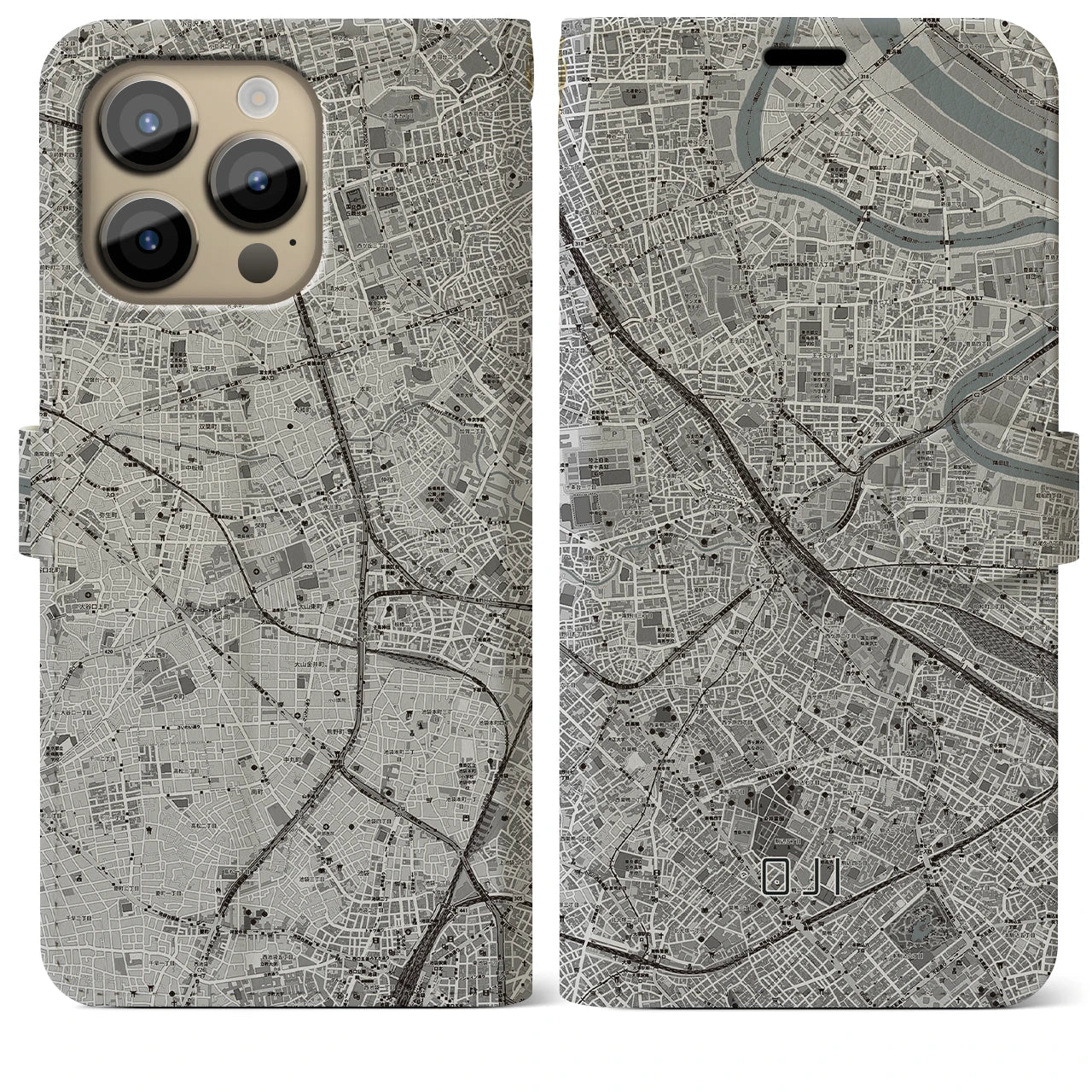 【王子(東京都)】地図柄iPhoneケース(手帳タイプ)モノトーン・iPhone 14 Pro Max 用