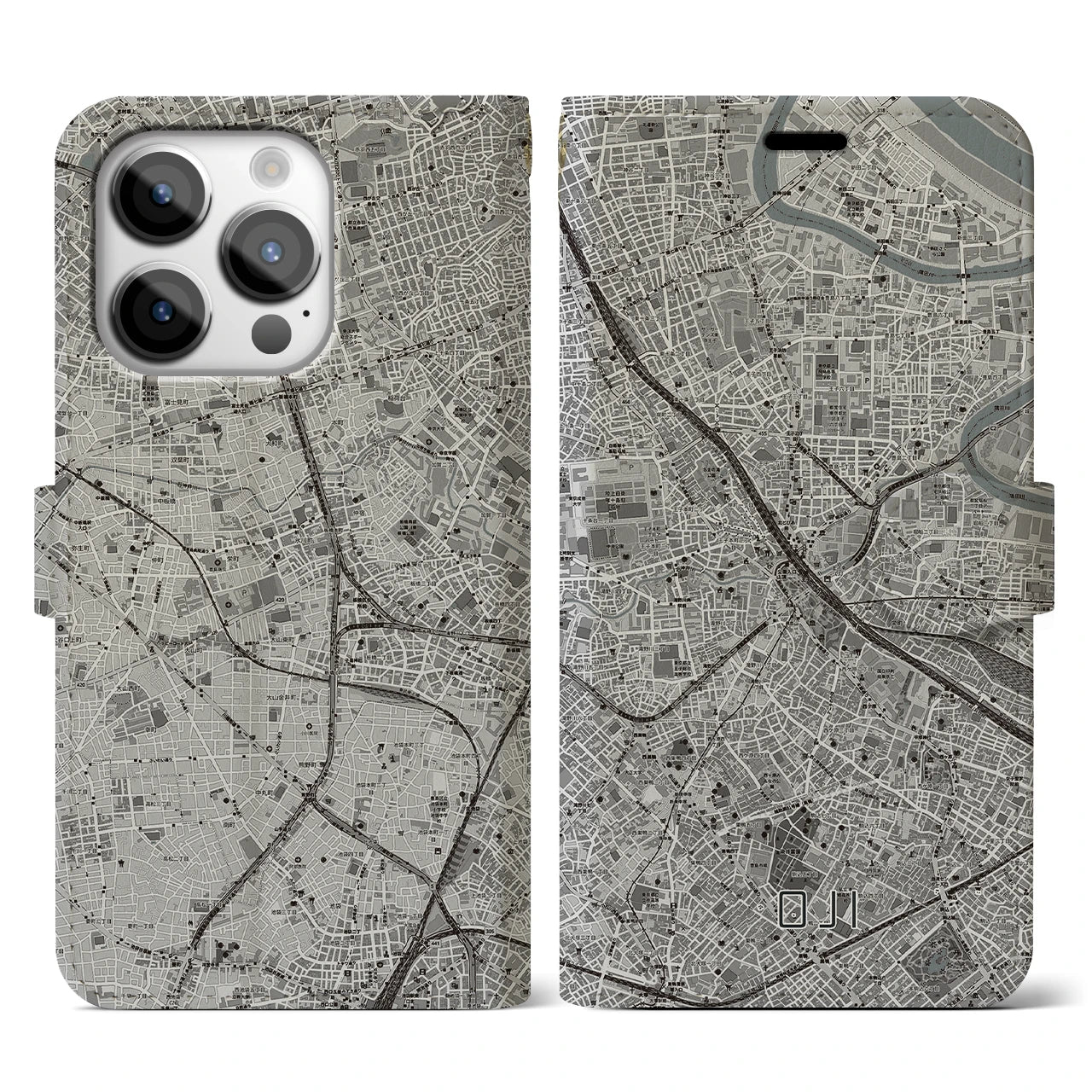 【王子(東京都)】地図柄iPhoneケース(手帳タイプ)モノトーン・iPhone 14 Pro 用