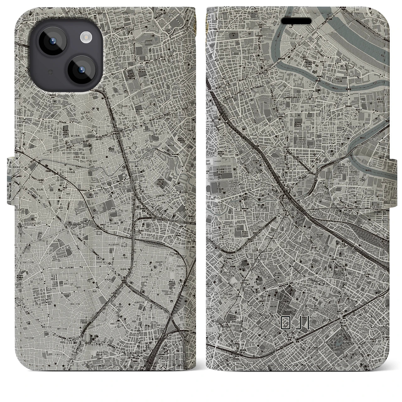 【王子(東京都)】地図柄iPhoneケース(手帳タイプ)モノトーン・iPhone 14 Plus 用