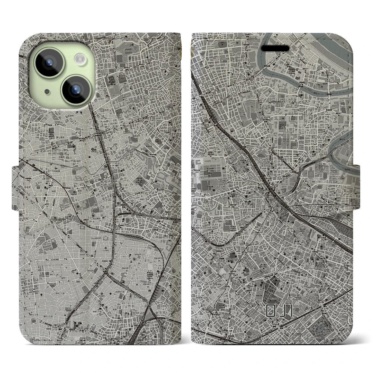 【王子(東京都)】地図柄iPhoneケース(手帳タイプ)モノトーン・iPhone 15 用