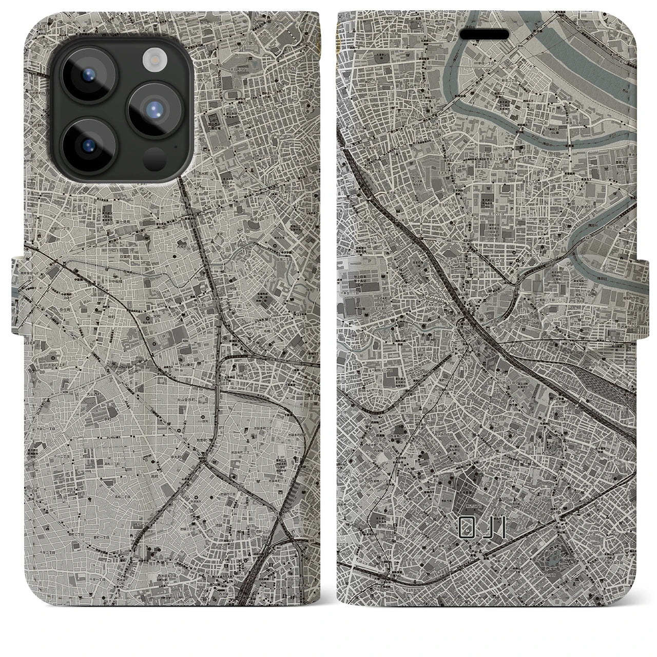 【王子(東京都)】地図柄iPhoneケース(手帳タイプ)モノトーン・iPhone 15 Pro Max 用