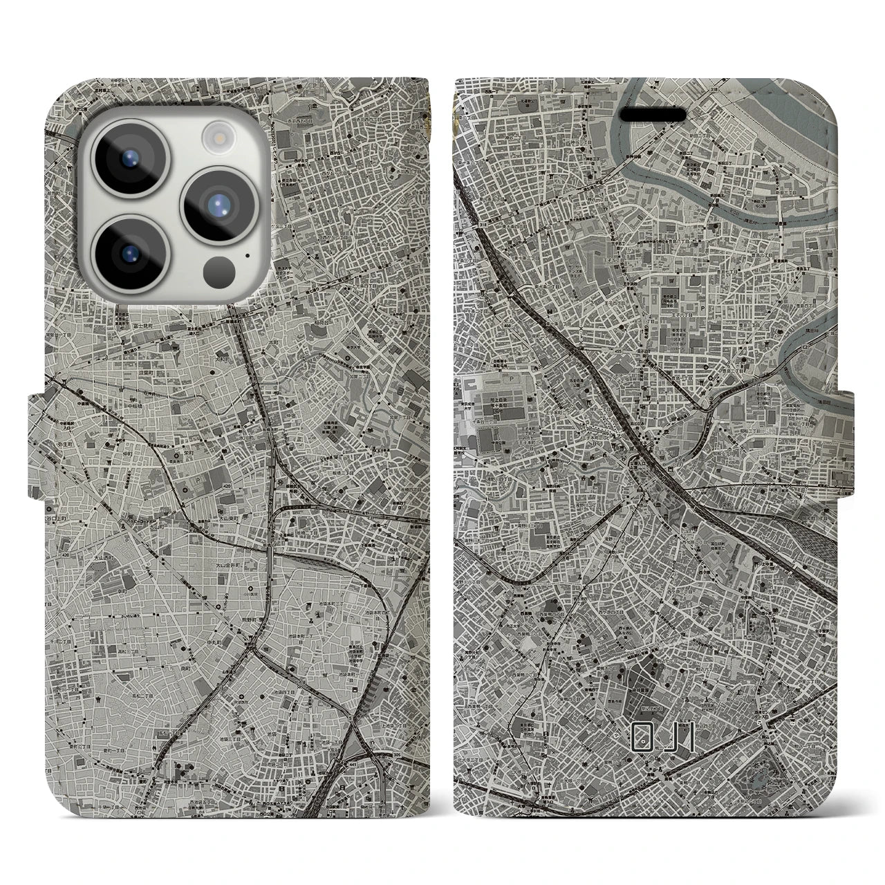 【王子(東京都)】地図柄iPhoneケース(手帳タイプ)モノトーン・iPhone 15 Pro 用
