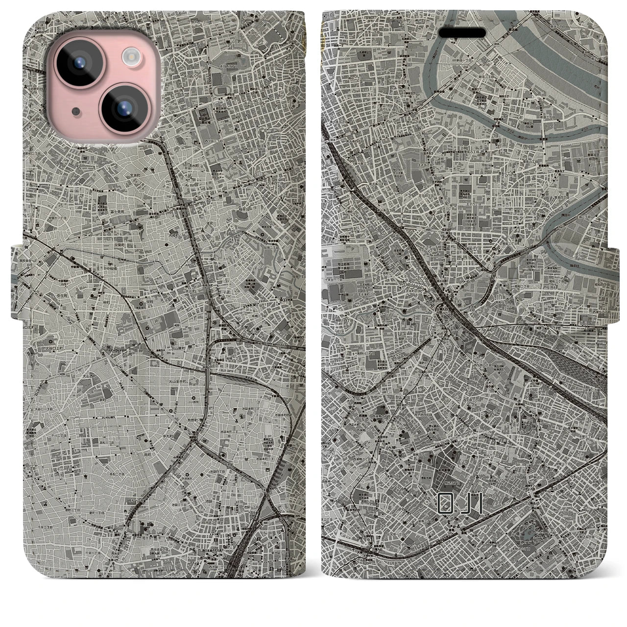 【王子(東京都)】地図柄iPhoneケース(手帳タイプ)モノトーン・iPhone 15 Plus 用