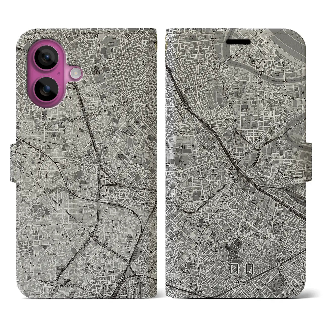 【王子(東京都)】地図柄iPhoneケース(手帳タイプ)モノトーン・iPhone 16 Pro 用