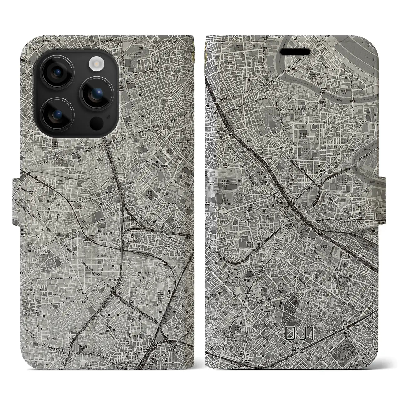 【王子(東京都)】地図柄iPhoneケース(手帳タイプ)モノトーン・iPhone 16 用