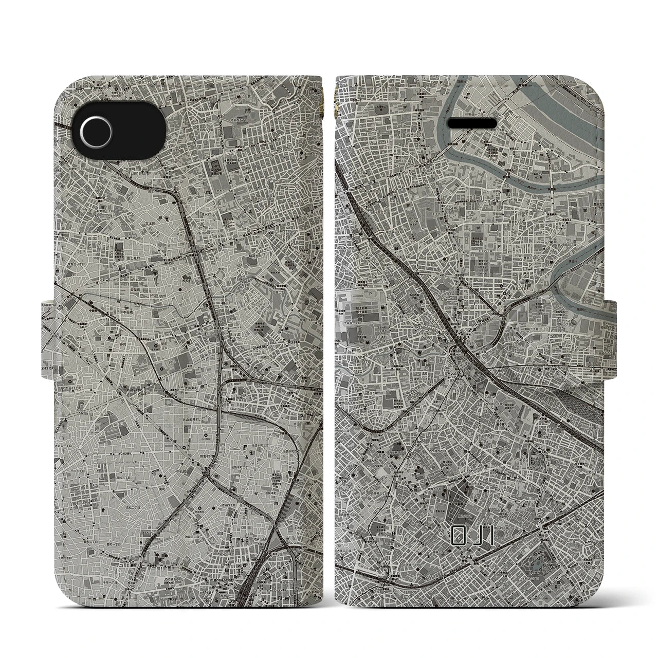 【王子(東京都)】地図柄iPhoneケース(手帳タイプ)モノトーン・iPhone SE(第3 / 第2世代) / 8 / 7 / 6s / 6 用