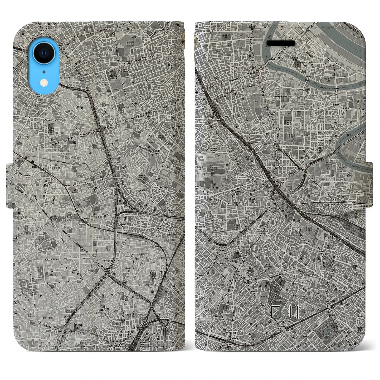 【王子(東京都)】地図柄iPhoneケース(手帳タイプ)モノトーン・iPhone XR 用