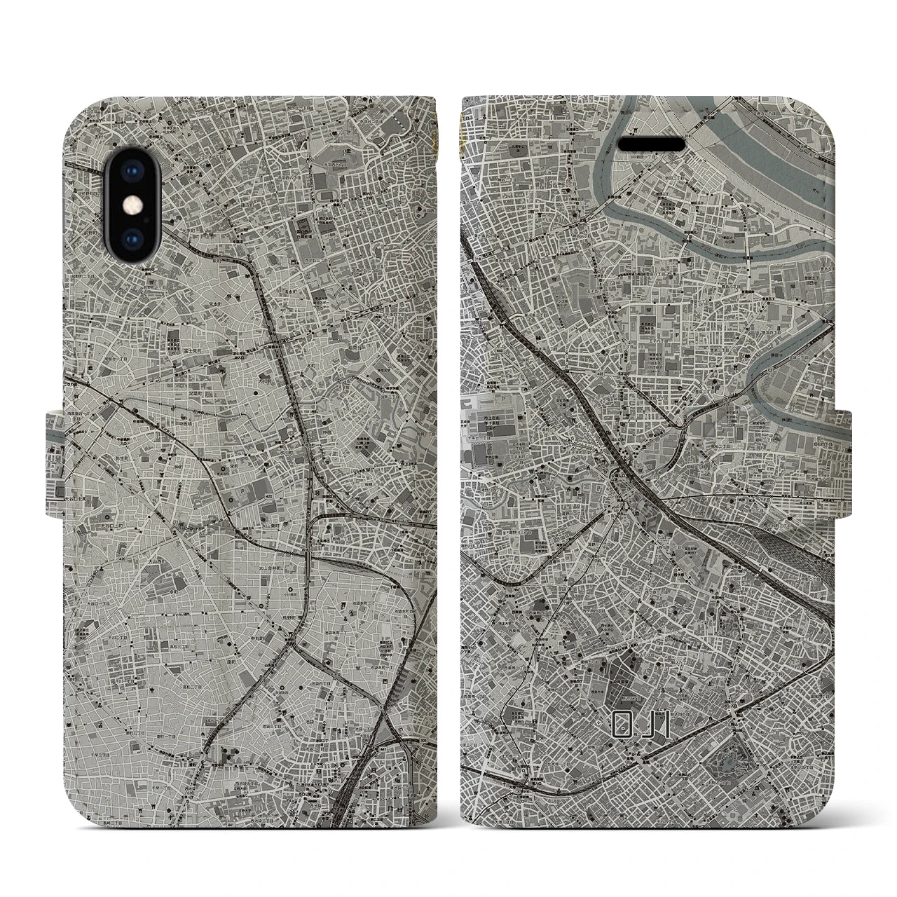 【王子(東京都)】地図柄iPhoneケース(手帳タイプ)モノトーン・iPhone XS / X 用