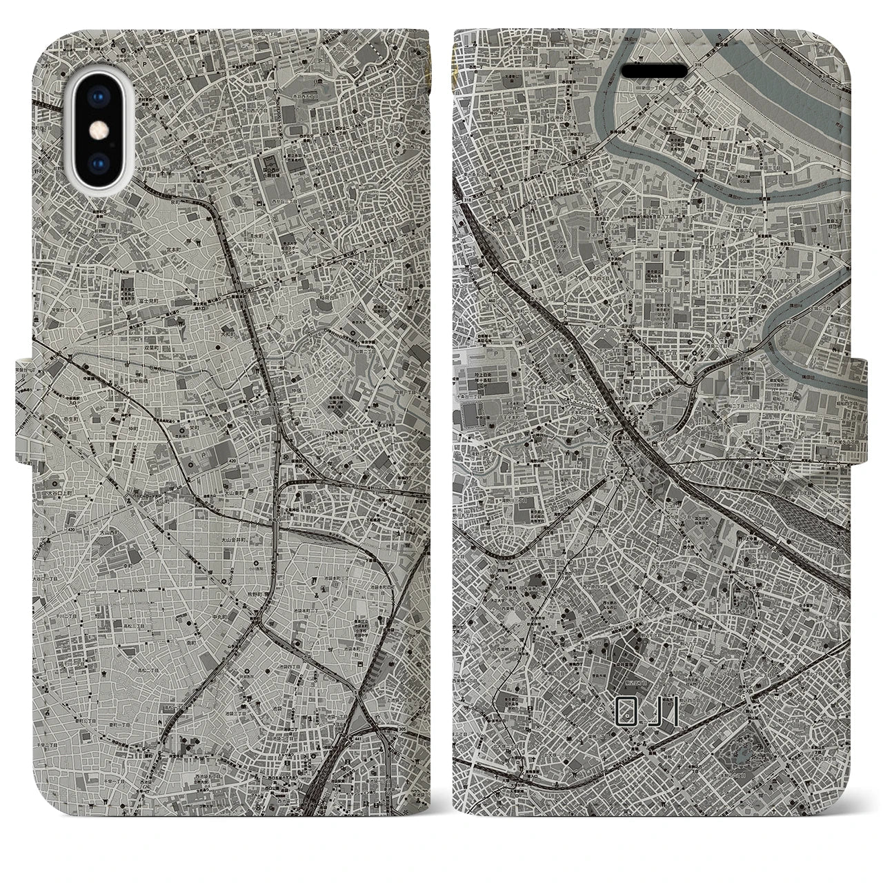 【王子(東京都)】地図柄iPhoneケース(手帳タイプ)モノトーン・iPhone XS Max 用