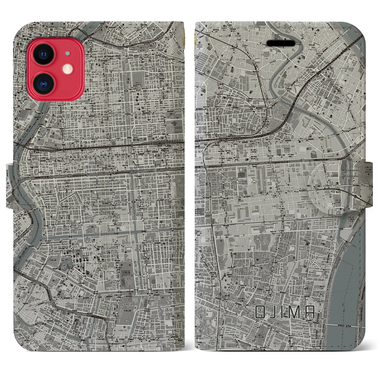 【大島(東京都)】地図柄iPhoneケース(手帳タイプ)モノトーン・iPhone 11 用