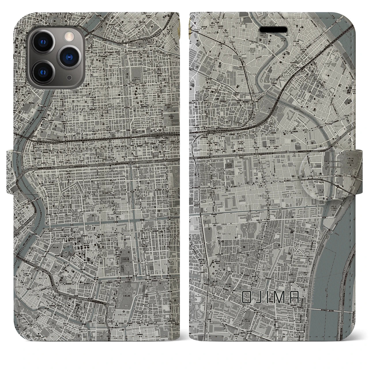 【大島(東京都)】地図柄iPhoneケース(手帳タイプ)モノトーン・iPhone 11 Pro Max 用