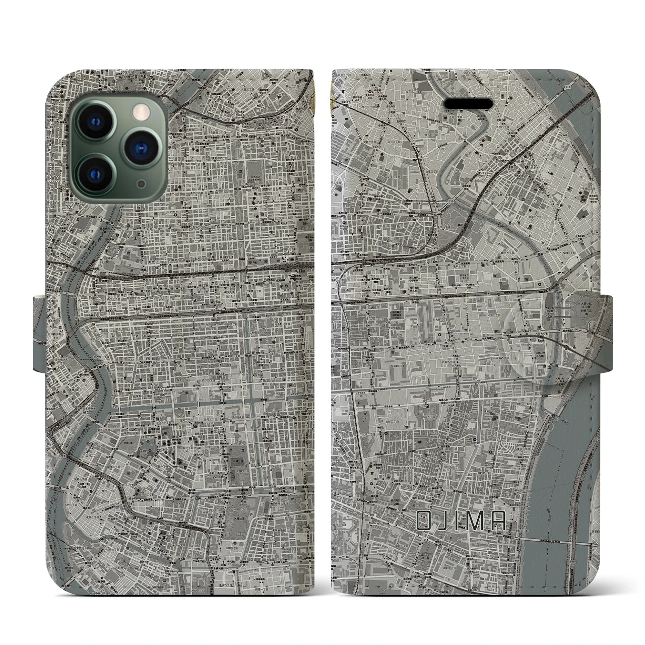 【大島(東京都)】地図柄iPhoneケース(手帳タイプ)モノトーン・iPhone 11 Pro 用