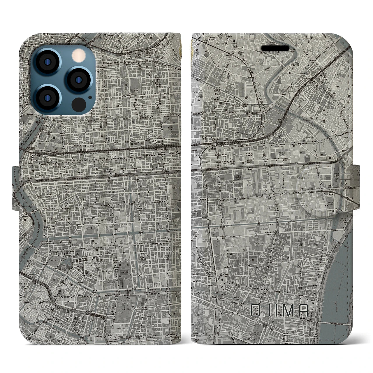 【大島(東京都)】地図柄iPhoneケース(手帳タイプ)モノトーン・iPhone 12 / 12 Pro 用