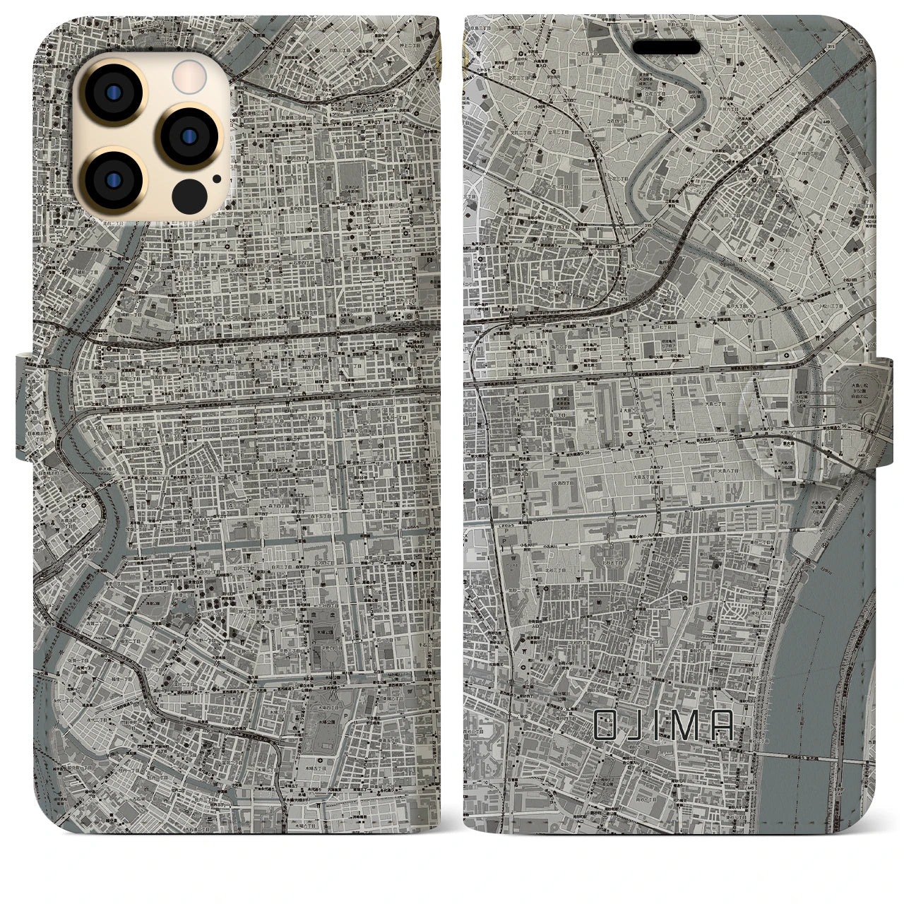【大島(東京都)】地図柄iPhoneケース(手帳タイプ)モノトーン・iPhone 12 Pro Max 用