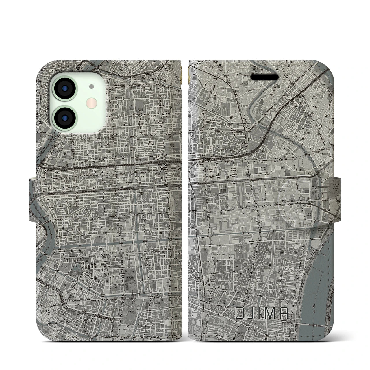 【大島(東京都)】地図柄iPhoneケース(手帳タイプ)モノトーン・iPhone 12 mini 用