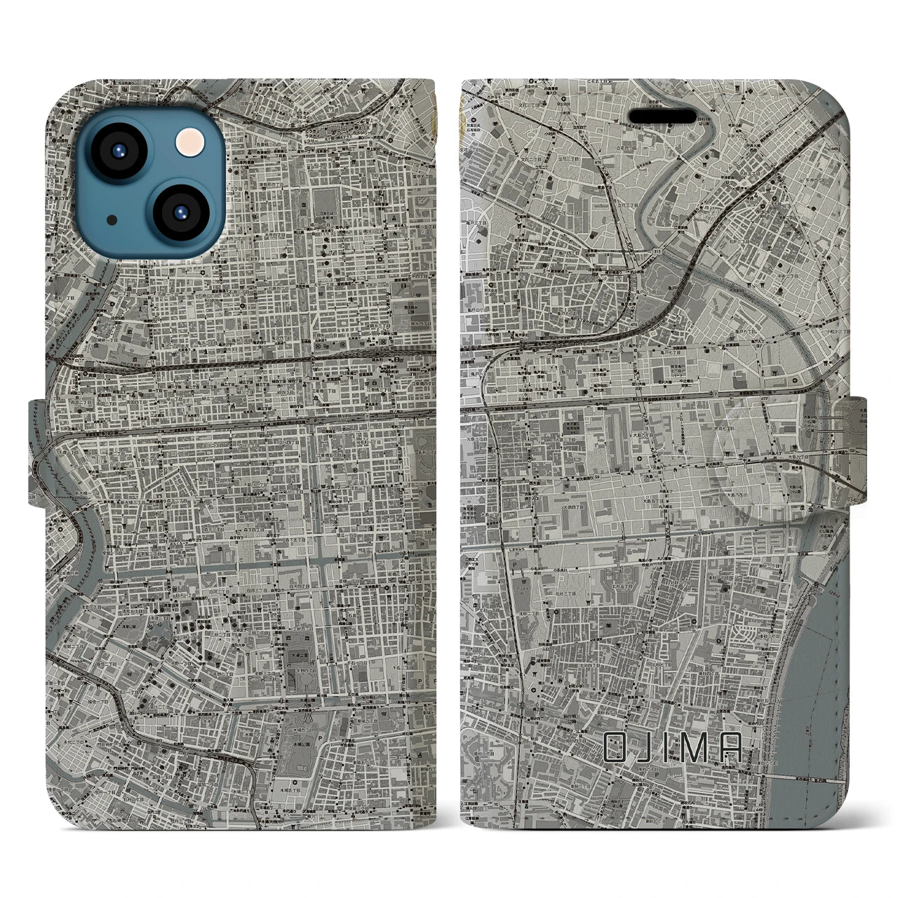 【大島(東京都)】地図柄iPhoneケース(手帳タイプ)モノトーン・iPhone 13 用