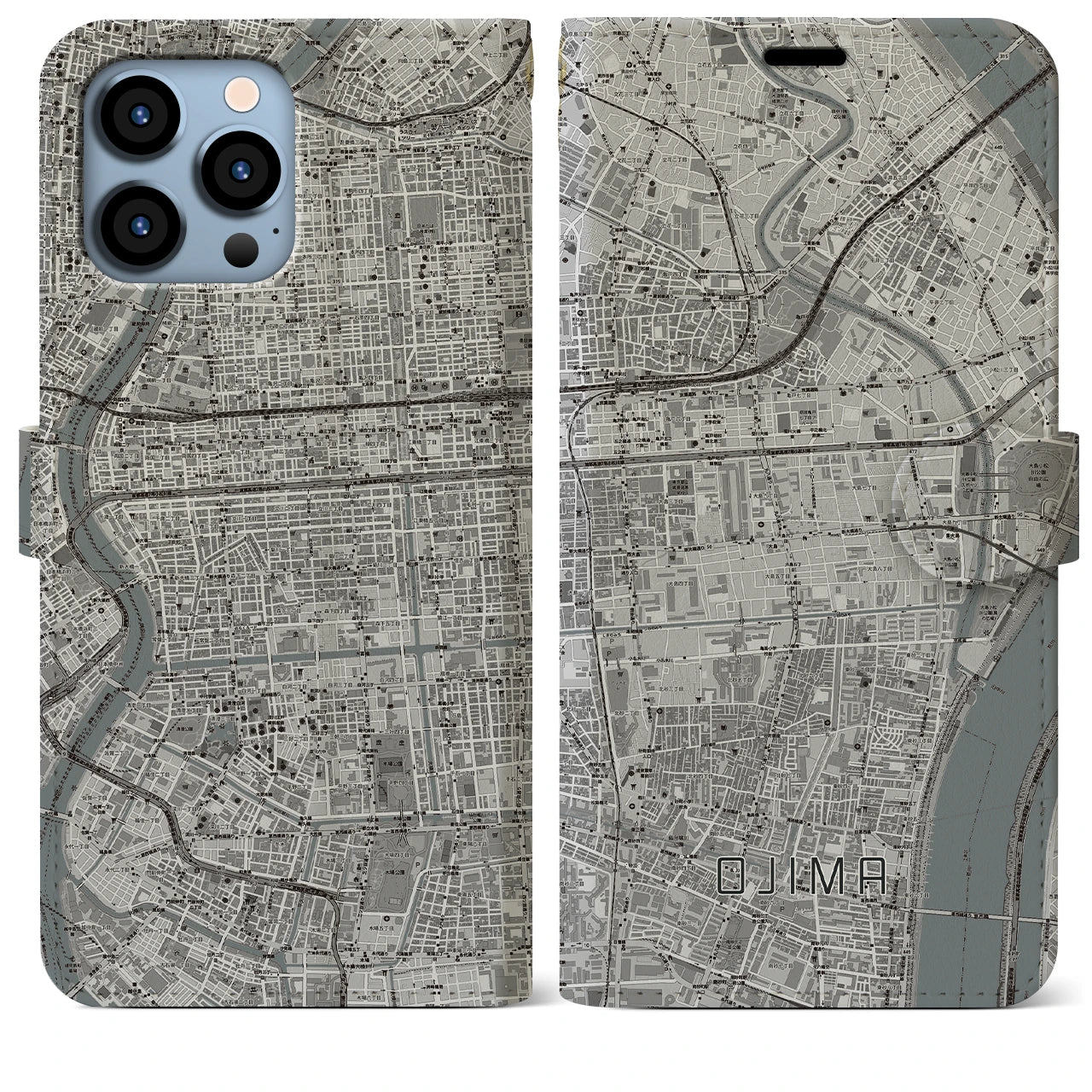 【大島(東京都)】地図柄iPhoneケース(手帳タイプ)モノトーン・iPhone 13 Pro Max 用