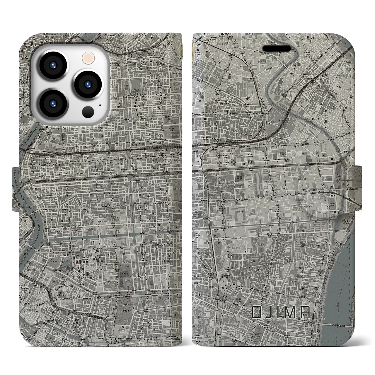 【大島(東京都)】地図柄iPhoneケース(手帳タイプ)モノトーン・iPhone 13 Pro 用