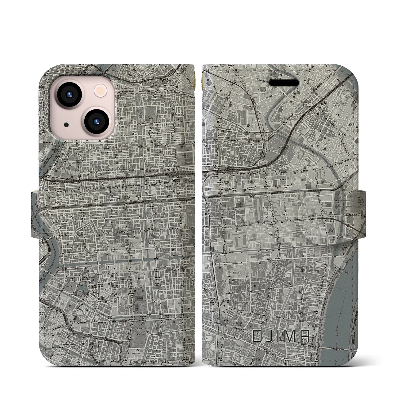 【大島(東京都)】地図柄iPhoneケース(手帳タイプ)モノトーン・iPhone 13 mini 用