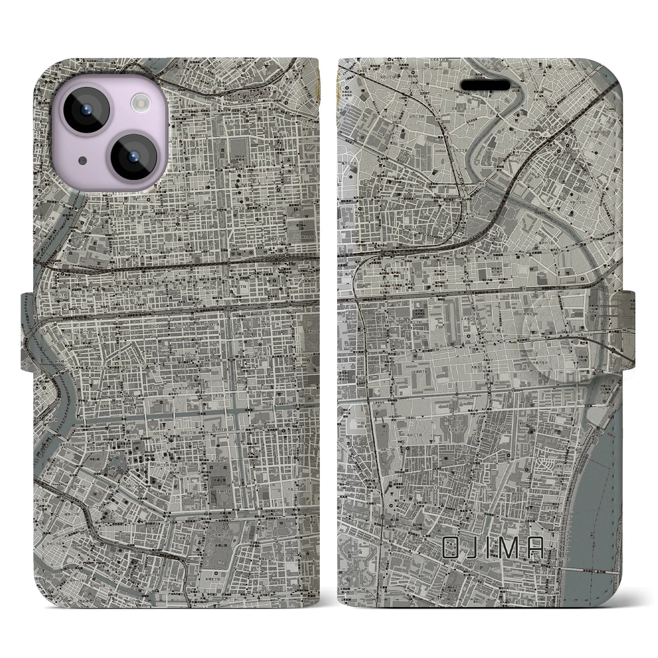 【大島(東京都)】地図柄iPhoneケース(手帳タイプ)モノトーン・iPhone 14 用