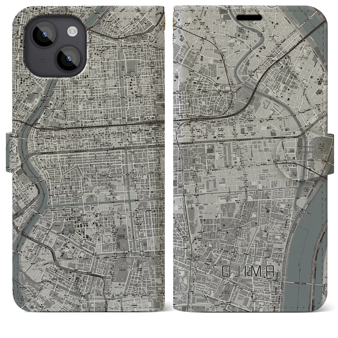 【大島(東京都)】地図柄iPhoneケース(手帳タイプ)モノトーン・iPhone 14 Plus 用