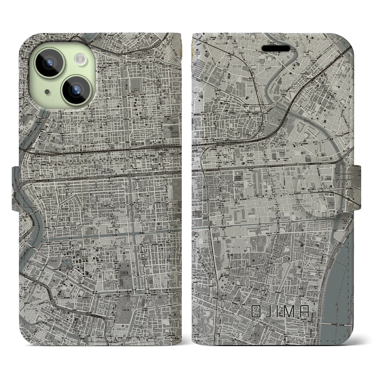 【大島(東京都)】地図柄iPhoneケース(手帳タイプ)モノトーン・iPhone 15 用