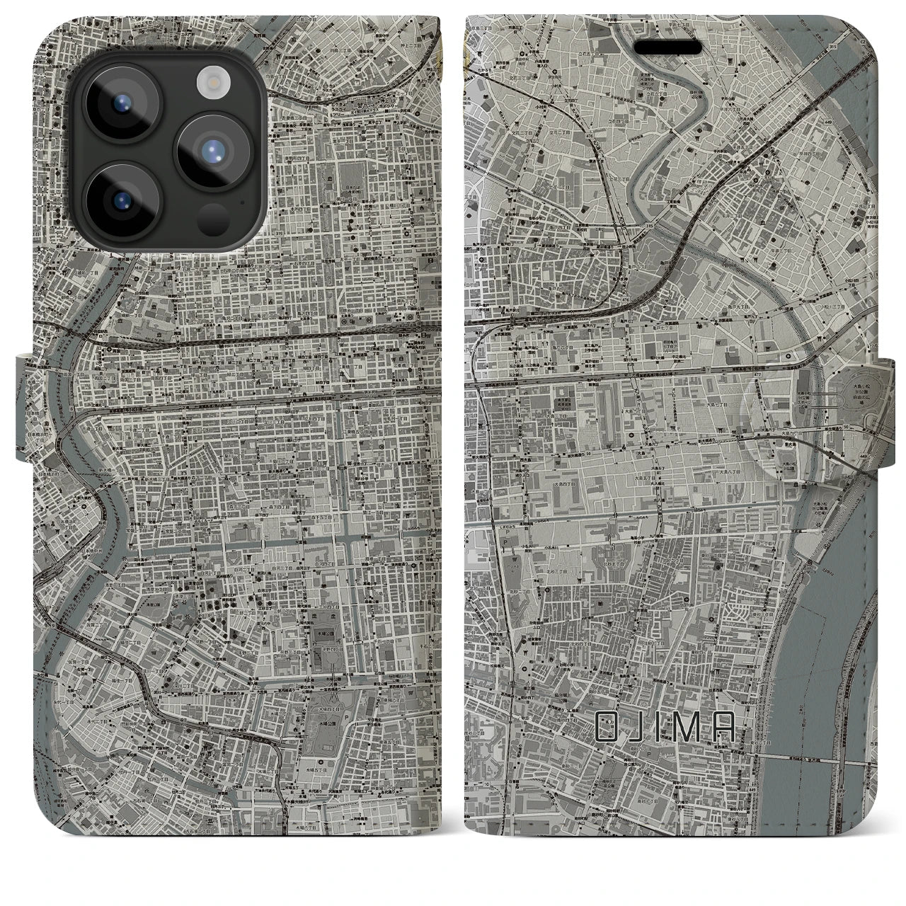 【大島(東京都)】地図柄iPhoneケース(手帳タイプ)モノトーン・iPhone 15 Pro Max 用