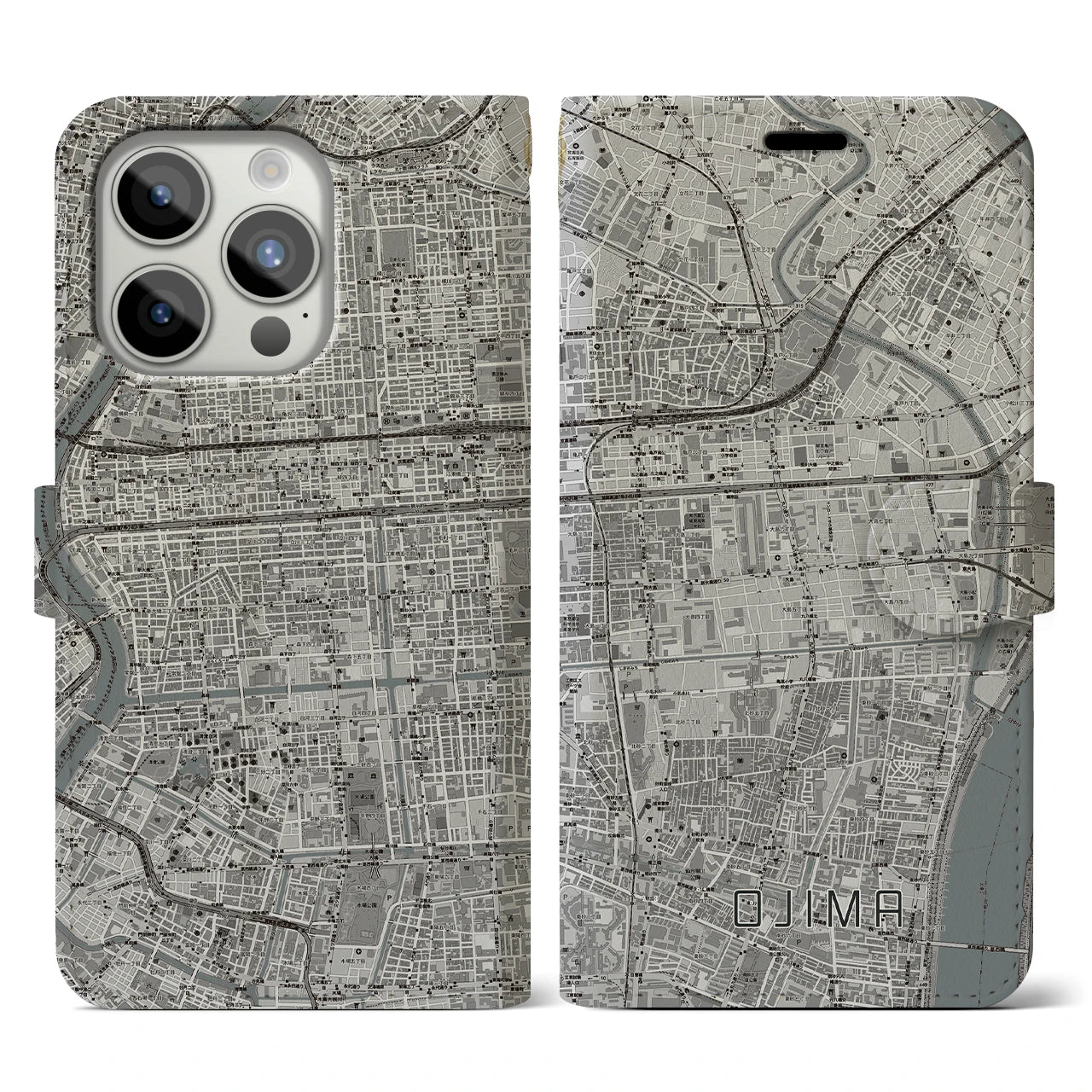 【大島(東京都)】地図柄iPhoneケース(手帳タイプ)モノトーン・iPhone 15 Pro 用