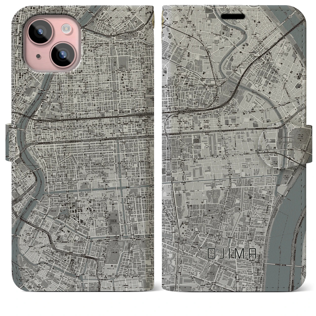 【大島(東京都)】地図柄iPhoneケース(手帳タイプ)モノトーン・iPhone 15 Plus 用