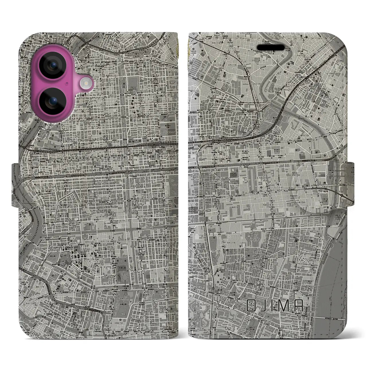 【大島(東京都)】地図柄iPhoneケース(手帳タイプ)モノトーン・iPhone 16 Pro 用