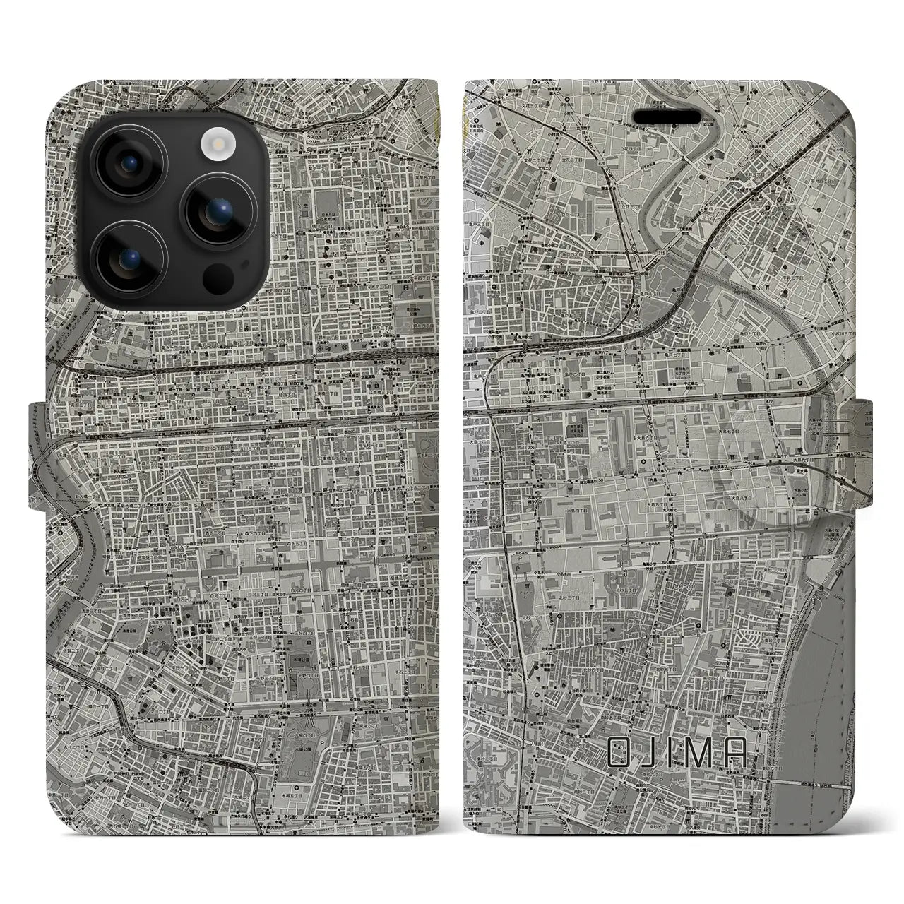 【大島(東京都)】地図柄iPhoneケース(手帳タイプ)モノトーン・iPhone 16 用