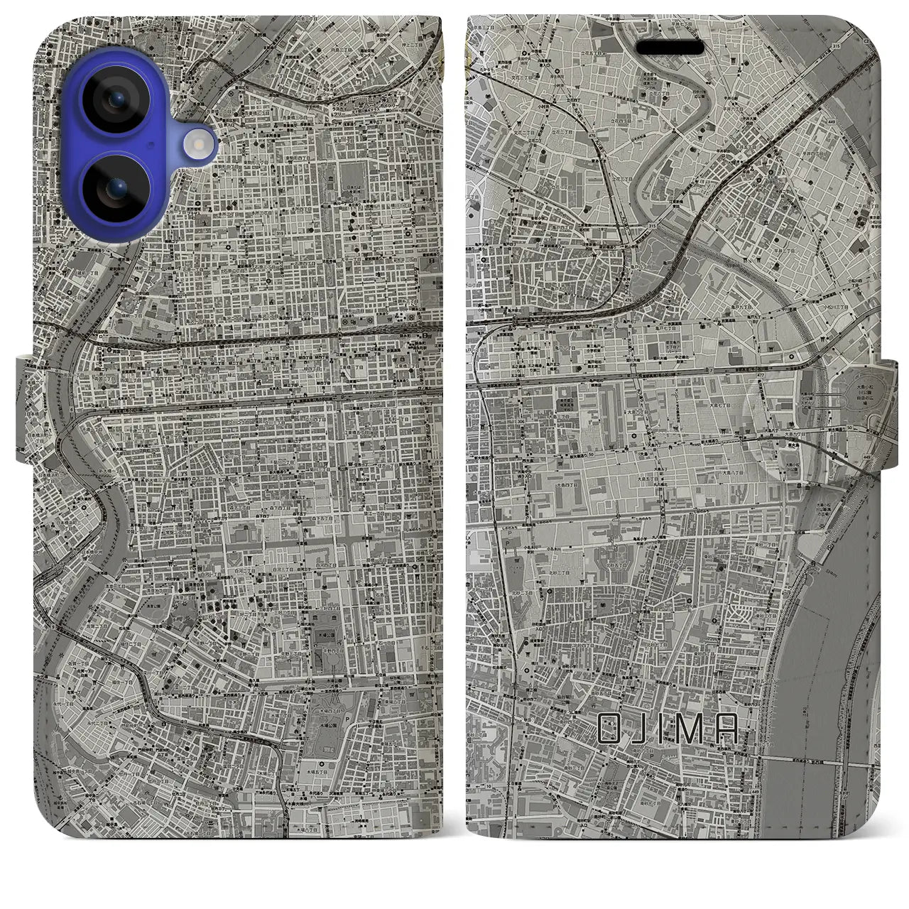 【大島(東京都)】地図柄iPhoneケース(手帳タイプ)モノトーン・iPhone 16 Pro Max 用