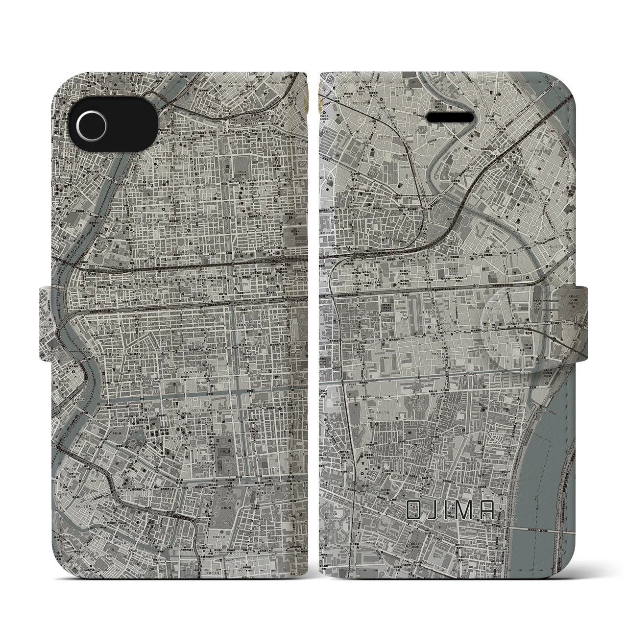 【大島(東京都)】地図柄iPhoneケース(手帳タイプ)モノトーン・iPhone SE(第3 / 第2世代) / 8 / 7 / 6s / 6 用