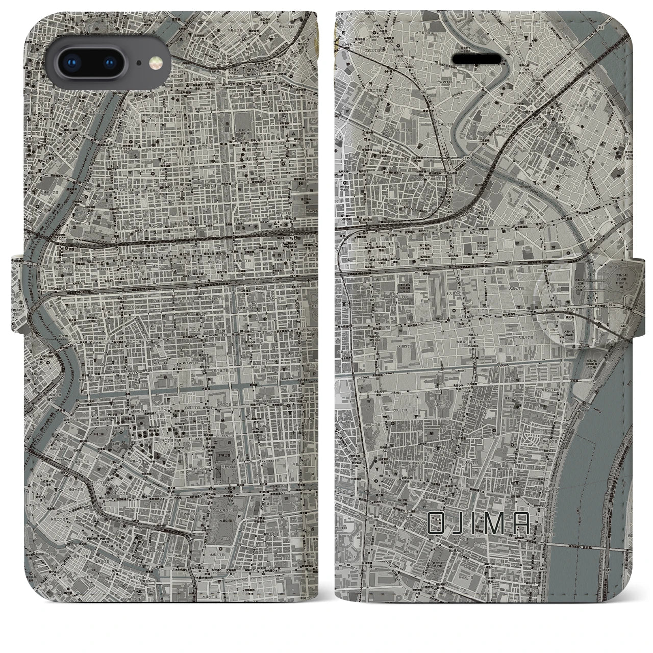 【大島(東京都)】地図柄iPhoneケース(手帳タイプ)モノトーン・iPhone 8Plus /7Plus / 6sPlus / 6Plus 用