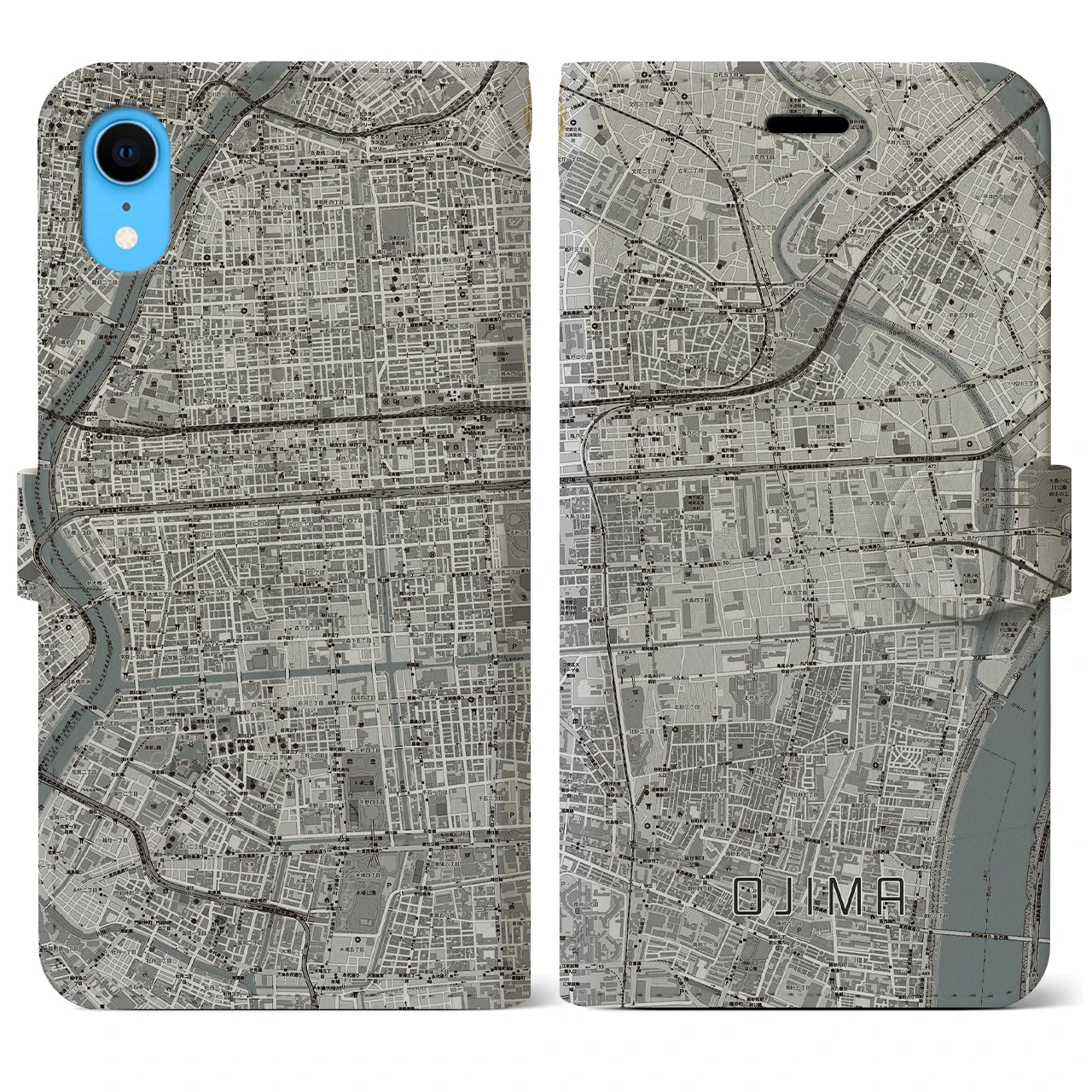 【大島(東京都)】地図柄iPhoneケース(手帳タイプ)モノトーン・iPhone XR 用