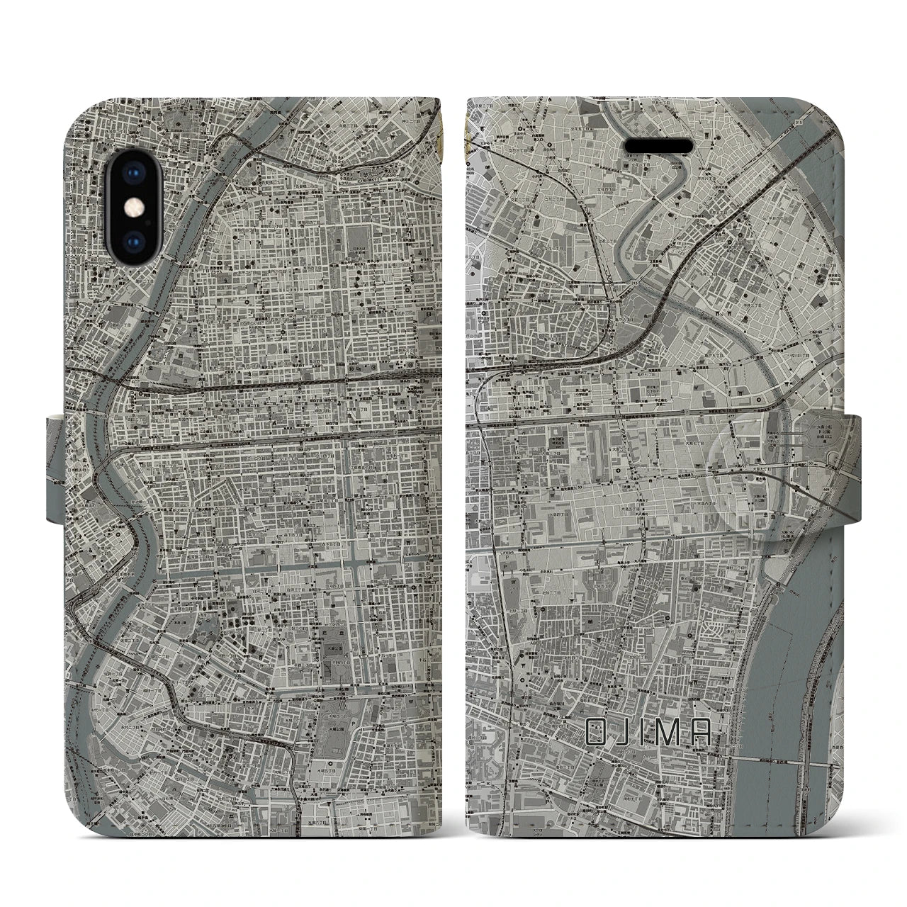 【大島(東京都)】地図柄iPhoneケース(手帳タイプ)モノトーン・iPhone XS / X 用