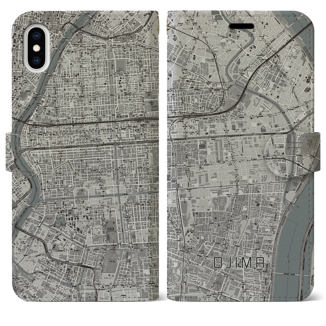 【大島(東京都)】地図柄iPhoneケース(手帳タイプ)モノトーン・iPhone XS Max 用
