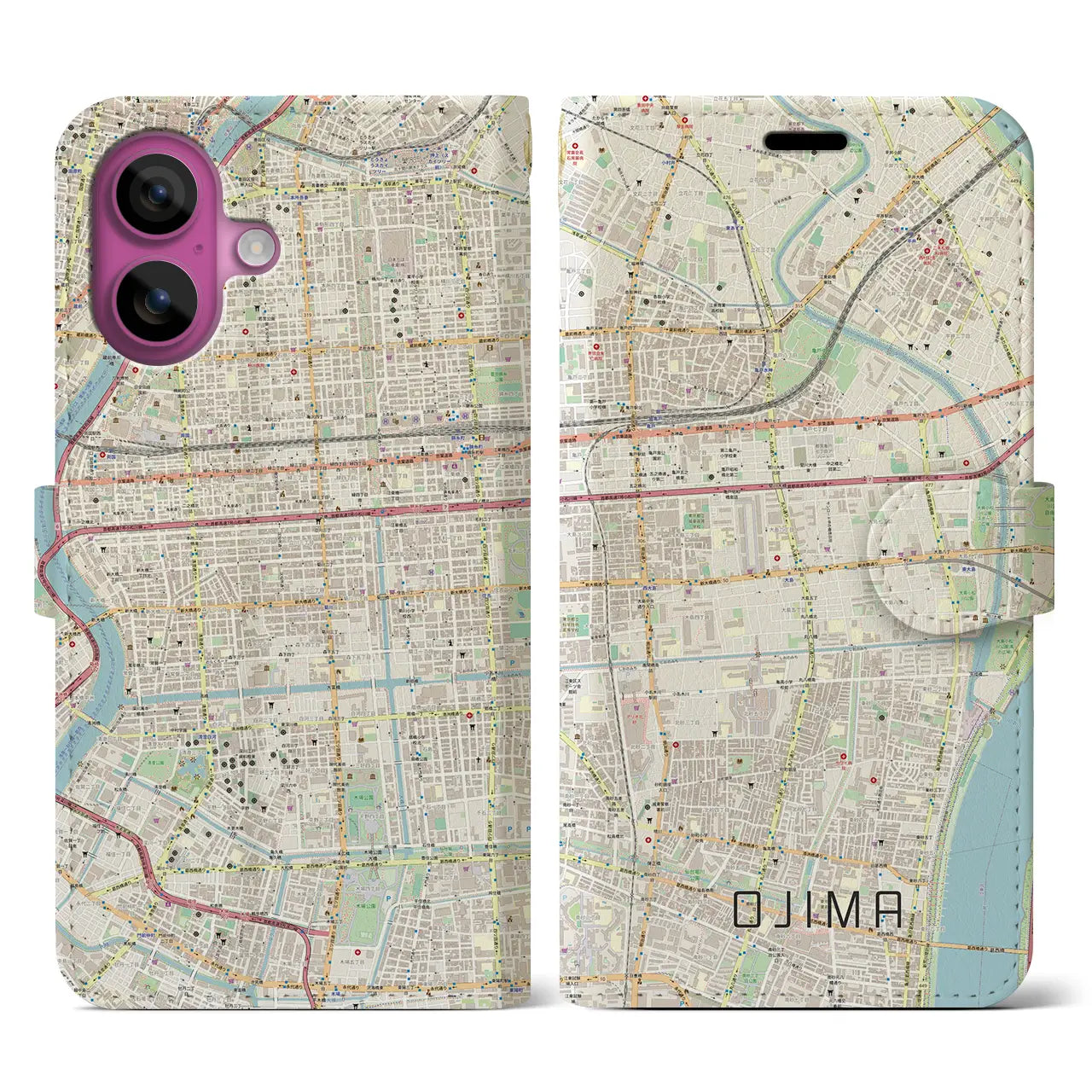 【大島(東京都)】地図柄iPhoneケース(手帳タイプ)ナチュラル・iPhone 16 Pro 用