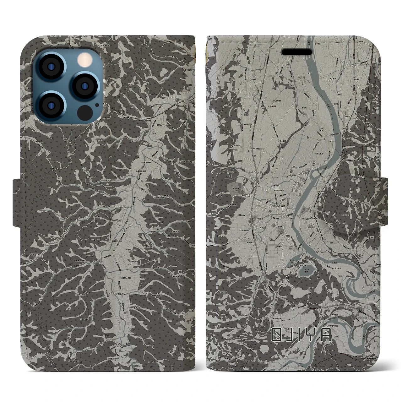 【小千谷(新潟県)】地図柄iPhoneケース(手帳タイプ)モノトーン・iPhone 12 / 12 Pro 用